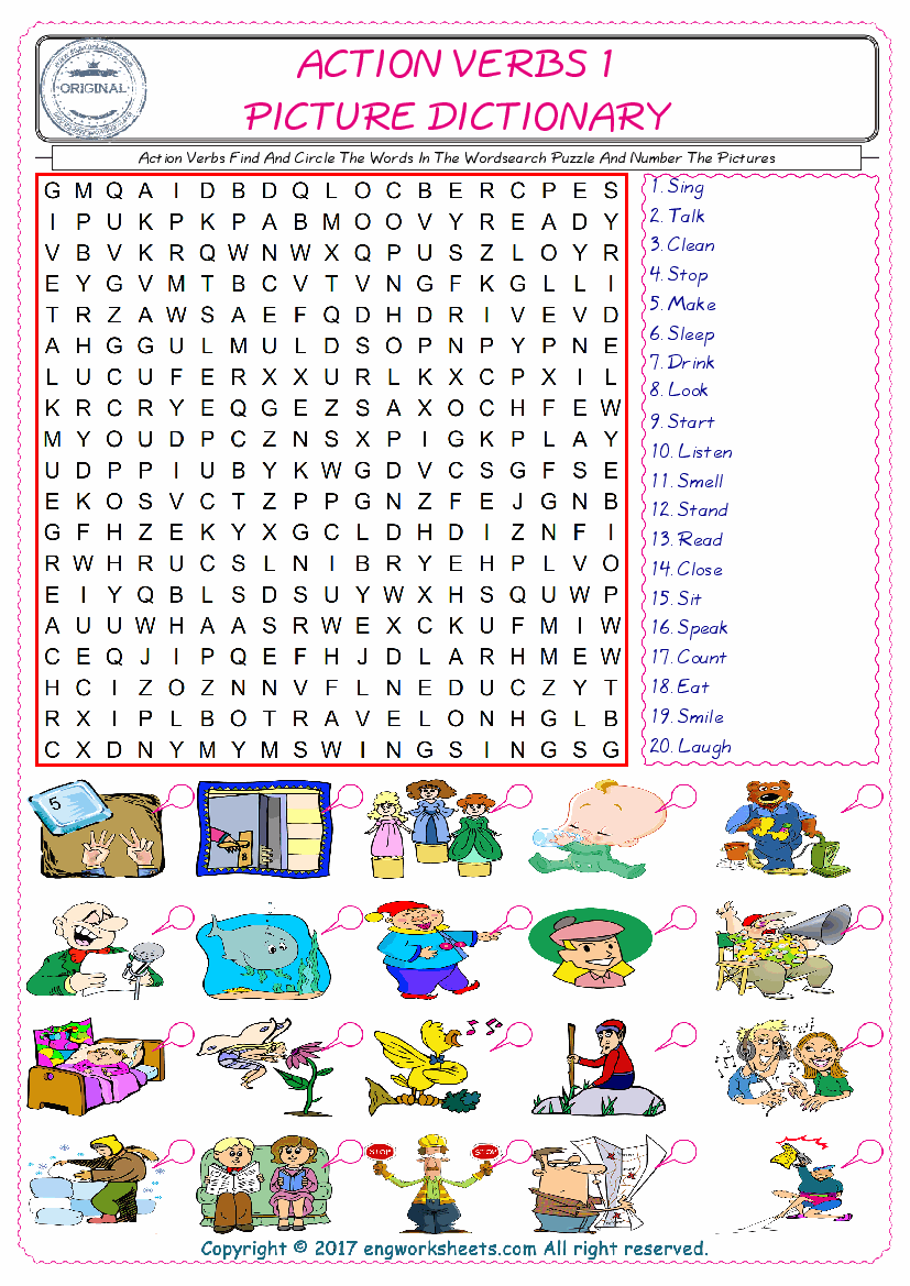  ESL wordsearch worksheets for kids, find Action Verbs words in the word wordsearch write its number on its picture English worksheet. 